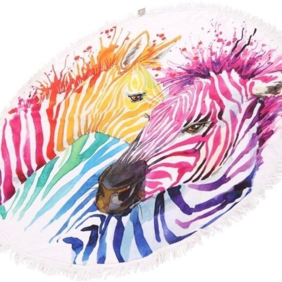 Rainbow Zebra Print Fringe Zoo White Cotton Blend Summer Boho Round Beach Towel - Picture 1 of 3